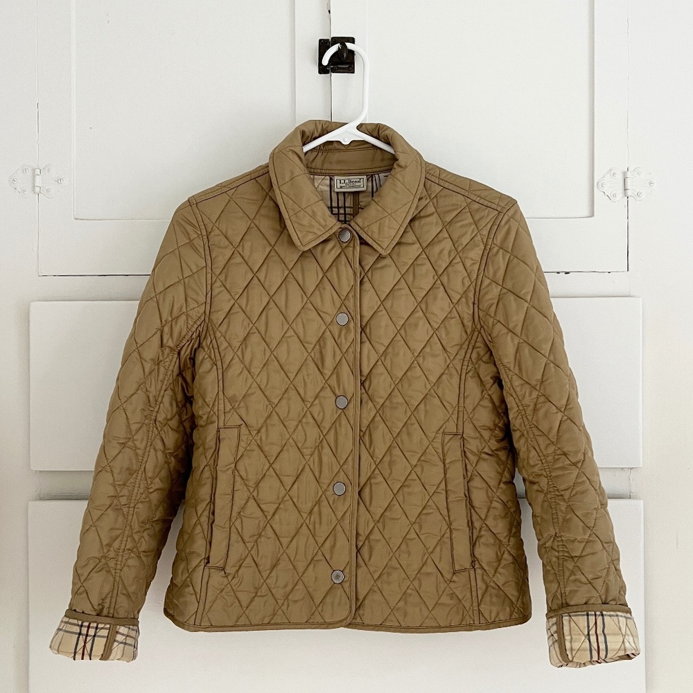 L.L. Bean Quilted Jacket Tan Plaid Lined XS Petite